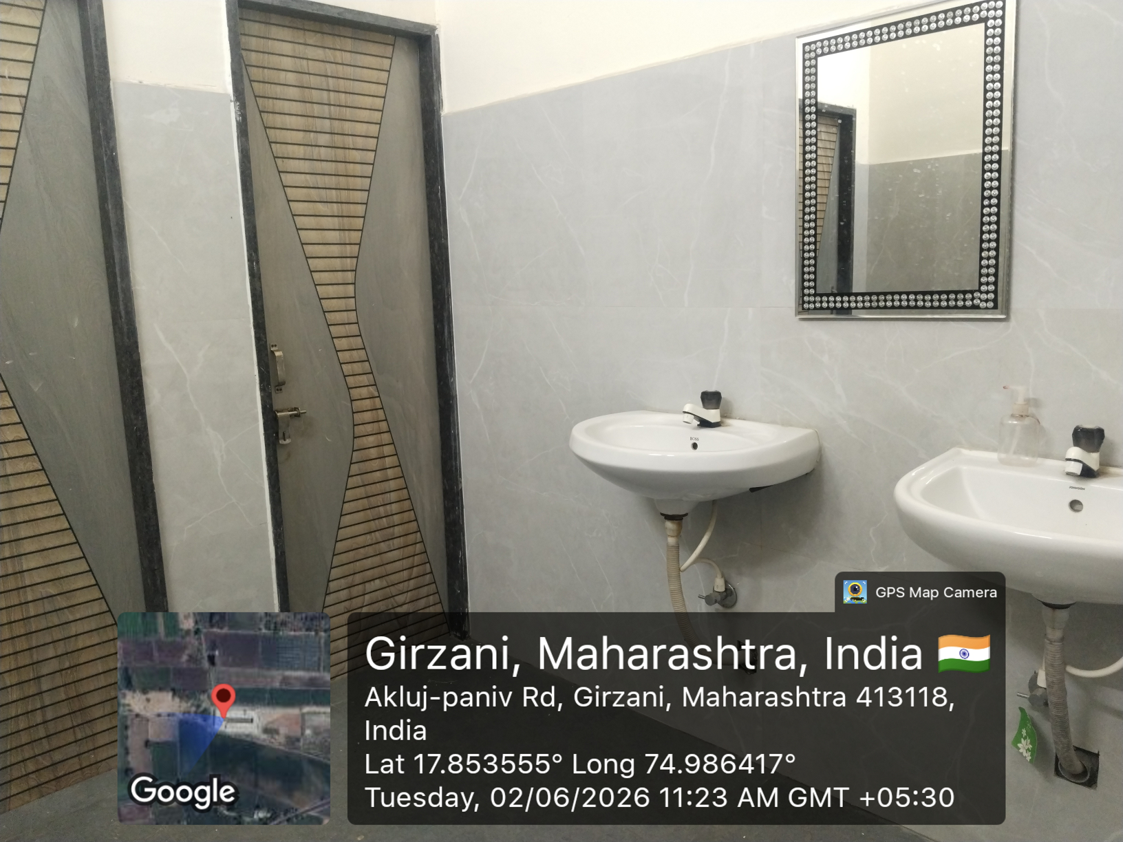 Washroom block entrance with clear signage